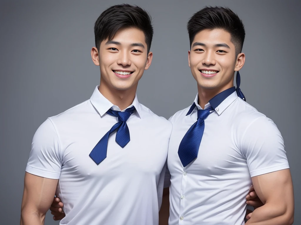 handsome man ,Age 20 , short hair, Korea , student，intermediary, (((Wear a white shirt with a navy tie........))), full body view,smile ,chest muscles, Big arm muscles,  big muscles, Broad shoulders ,sportsperson , upper body (1), rain: 1.3, Gym: 1.2, body drenched: 1.1, cycling