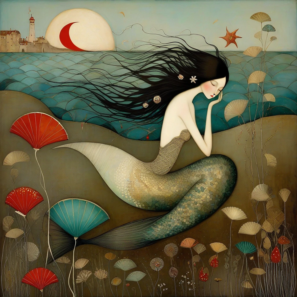 Art style by Klimt, Sam Toft, Florine Stettheimer, Dina Wakley, Catrin Welz-Stein, Gabriel Pacheco, Elisabeth Fredriks. mermaid, fishtail with silver scales, long black hair, lying by the sea. Around her a very large beach with pinwheels, coral, marsh grass
