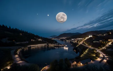 8K images、Ultra-detailed images、raw photo、Alpine Landscape、Swiss cityscape、Aerial view、(The big moon is right in front of me:1.5...