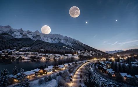 8K images、Ultra-detailed images、raw photo、Alpine Landscape、Swiss cityscape、Aerial view、(The big moon is right in front of me:1.5...