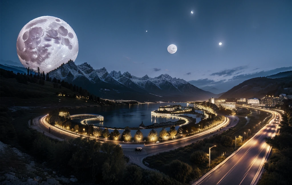 8K画像、超高精細画像、RAW写真、高山の風景、スイスの街並み、航空写真、(大きな月が目の前にあります:1.5)、神秘的な風景