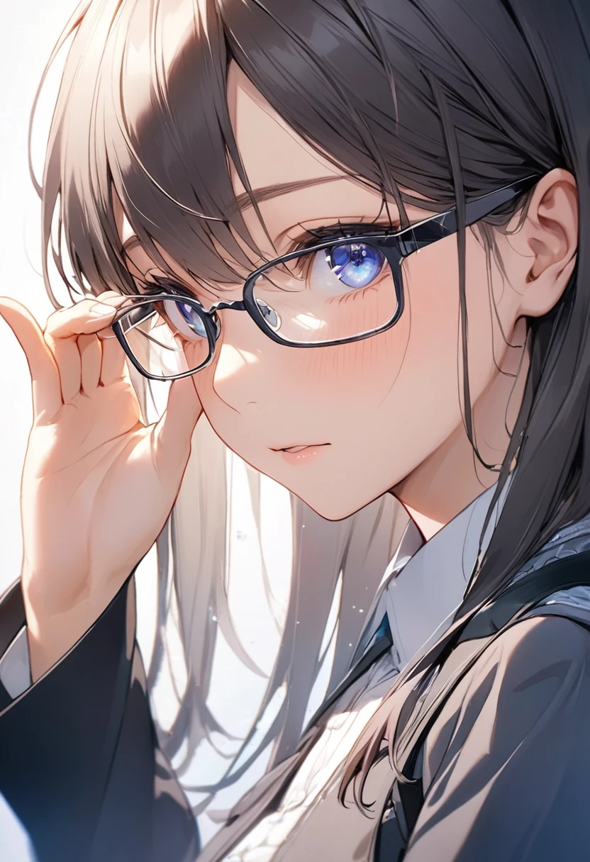 Faithfully reproduces the action of putting on glasses, Magical moments, 
BREAK 視聴者に顔を向けて上目遣いで機嫌を伺う表情, 
BREAK, clear and attractive eyes, 
BREAK (Dynamic shot from the side:1.1, Eye-level shot), 