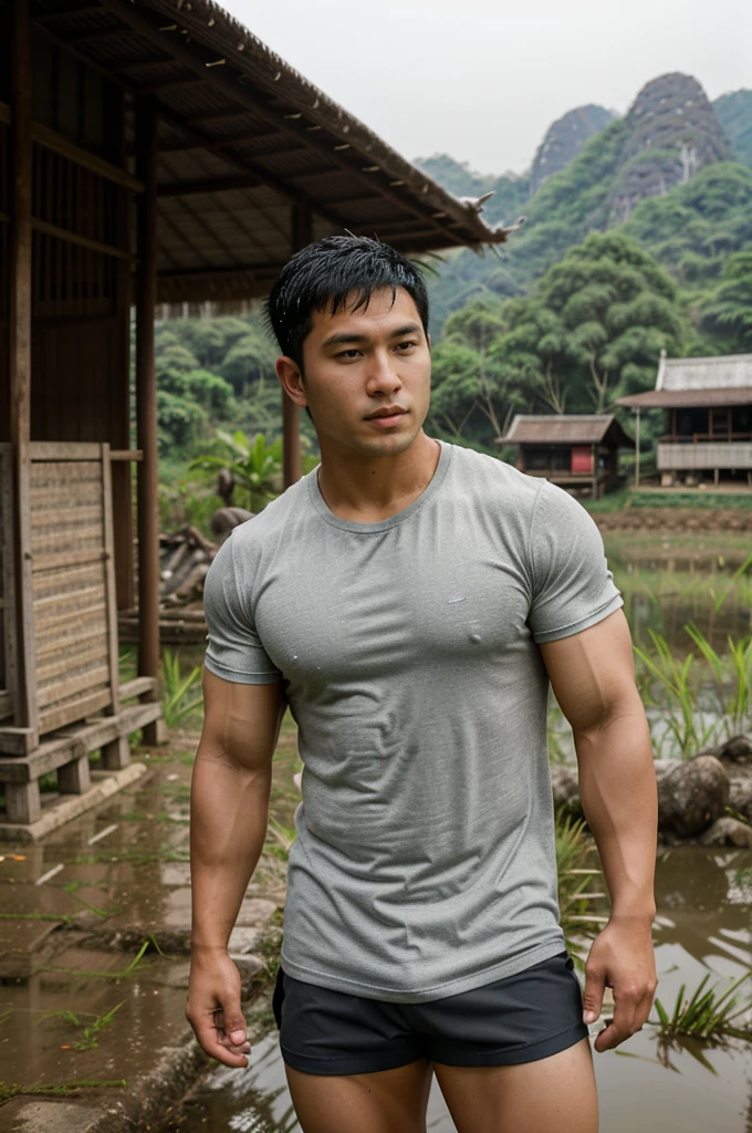 独奏 , 1 person , Portrait of a handsome Asian rugby player, short hair, no beard, muscular, big muscles, wearing a gray round neck t-shirt, wet, outdoors, rice field, countryside, hut, Thailand, Laos, Burma, Asia.