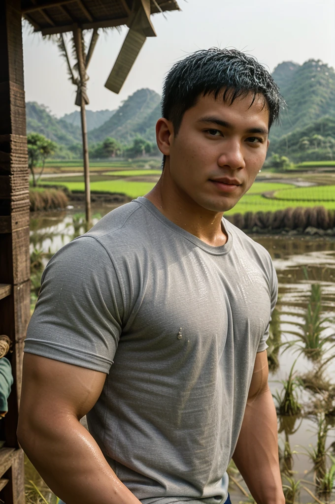 独奏 , 1 person , Portrait of a handsome Asian rugby player, short hair, no beard, muscular, big muscles, wearing a gray round neck t-shirt, wet, outdoors, rice field, countryside, hut, Thailand, Laos, Burma, Asia.