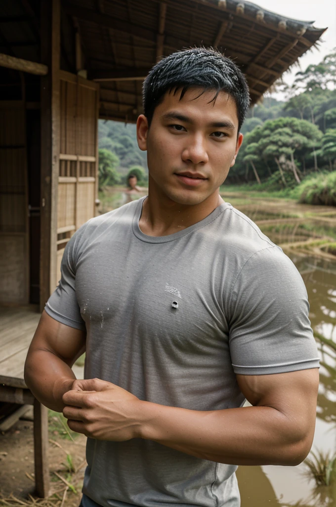 solo , 1 personne , Portrait of a handsome Asien rugby player, Cheveux courts, Pas de barbe, Musclé, Gros muscles, porter un t-shirt gris à col rond, mouillé, En plein air, rizière, campagne, cabane, Thaïlande, Laos, Birmanie, Asie.