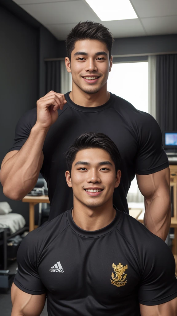 ((Highest quality, 8K, Masterpiece: 1.3))、Thailand Laos Burma Asia, Thai man, A handsome Asian rugby player with short hair, a muscular beard, and big muscles., １A man who has、 yo、Good appearance、Beautiful nose、smile、 Detailed eyes and face、beautiful light、(studio)、high resolution、（Look at the vieFine mouth、smile、whole body: 1.5, perfect shape: 1.3, Picture of both shoulders:1.3, Gray round neck t-shirt:1.5