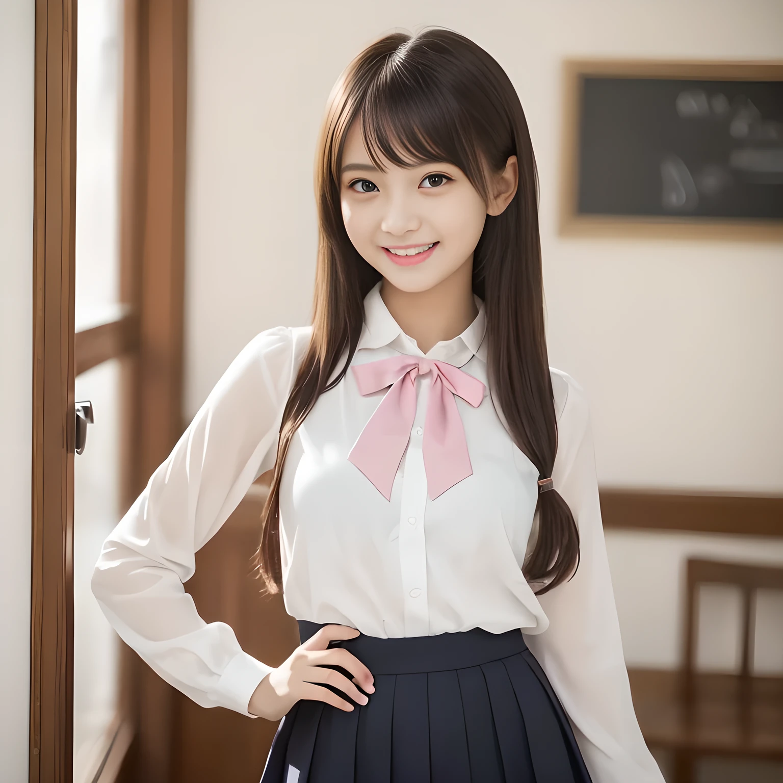 (highest quality, masterpiece:1.2), highest quality, High resolution, 1080P, 8K, Height: 158cm, ((A noble and intelligent girl like Japanese cute girly lady is hypnotizing and giggling, A very sweet, very noble, pretty and neat Japanese beautiful cute girl. Realistic very girly sweet cute princess is standing)), ((((14 years old, popular fashion model)))), ((((White face with plump cheeks)))), Glossy lips, (Evenly cut bangs), ((Very beautifully laughing brown drooping gooey eyes)), (The very large, shiny, wide yellow ribbon bow-tie on her chest is very cute)., ((straight black very very long straight hair)), (((pink colored blouse))), (A neat red and pink sailor school uniform), Very lustrous, glossy lips, Open hand over open mouth, Beautiful hair like a hair model, yellow hair ribbons, rosy colored long skirt, Watching the viewer and laughing, ((Incredibly well organized, The expression is rich. plump and beautiful skin and face)), ((Pure and clear sweetly smiling eyes)), Long eyelashes, ((smiling at me)), Glossy Lips, ((noble and neat)), ((Like a succubus is fascinating with magic and giggling)), ((((fascinating)))), ((up-curved lips)), ((looking at the viewer)) 