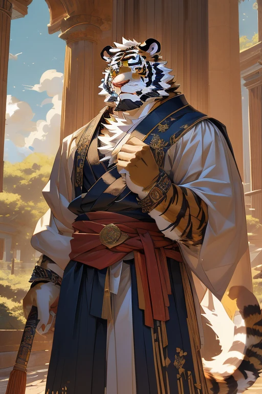 (masterpiece,best quality,Super detailed,Perfect anatomical structure),Detailed background,Empty,hairy,cannon, ,Clear focus,白色tiger，By Empty Ghost, rest 阳光,External,campus, Solitary,Solitary ，male,male ,human nature,Cat,tiger,muscular,rest (White fur:1.5,White body:1.5),looking at the audience,Delicateeyes, Dressed,Casual clothing is acceptable when the weather is nice,Golden pupils