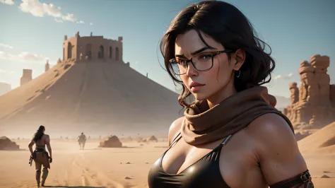 In a desert with a sandstorm, a curvy sexy sweaty woman with black hair and glasses, conan exiles, survival clothing, In the bac...