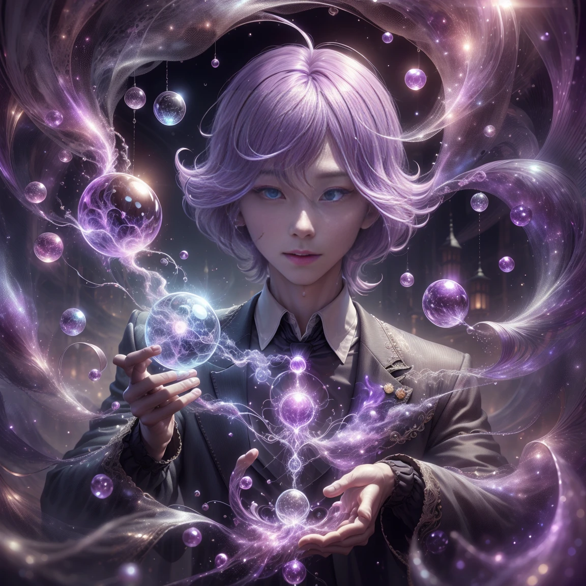 supernatural magic , Mental Energy  , Manaflow,   Sparkling,  Esper,  background, fly in the sky,  computer、A magician using a smartphone、
Shining Eyes,  magician,  Shiny Hair , ,whole body,