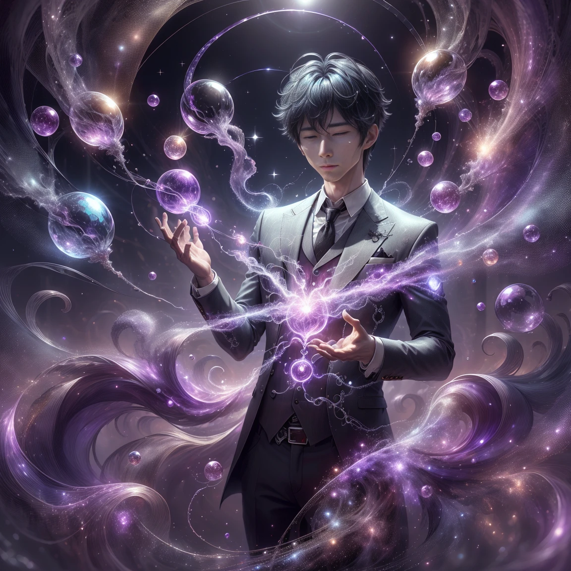 supernatural magic , Mental Energy  , Manaflow,   Sparkling,  Esper,  background, fly in the sky,  computer、A magician using a smartphone、
Shining Eyes,  magician,  Shiny Hair , ,whole body,