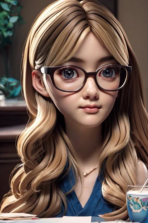 A pretty girl with brown hair with blonde ombre hair, dark slanted and delicate eyes wearing glasses, ((looking directly at the ...