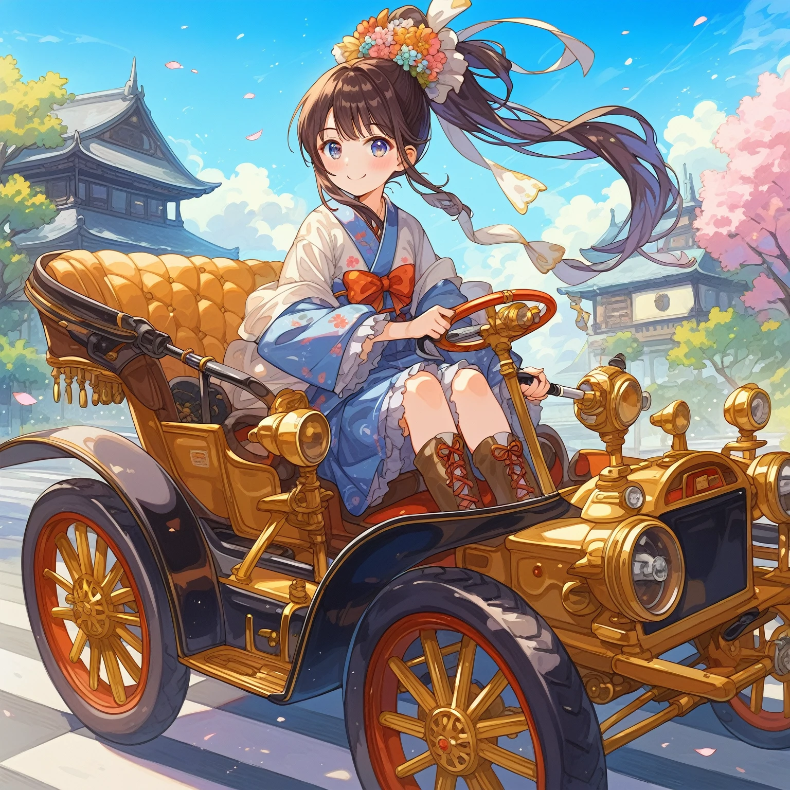 score_9, score_8_up, score_7_up, source_anime,masterpiece, best quality, high resolution, extremely detailed CG, absurdres, highres, In the Taisho era of Japan, a wealthy Japanese girl with a ponytail and a bow wore a Japanese dress and short boots from the Taisho era, and drove a golden high-end antique car on the road of Tokyo in the 1920s, in spring, with a blue sky, driving, ((holding steering wheel)), smile