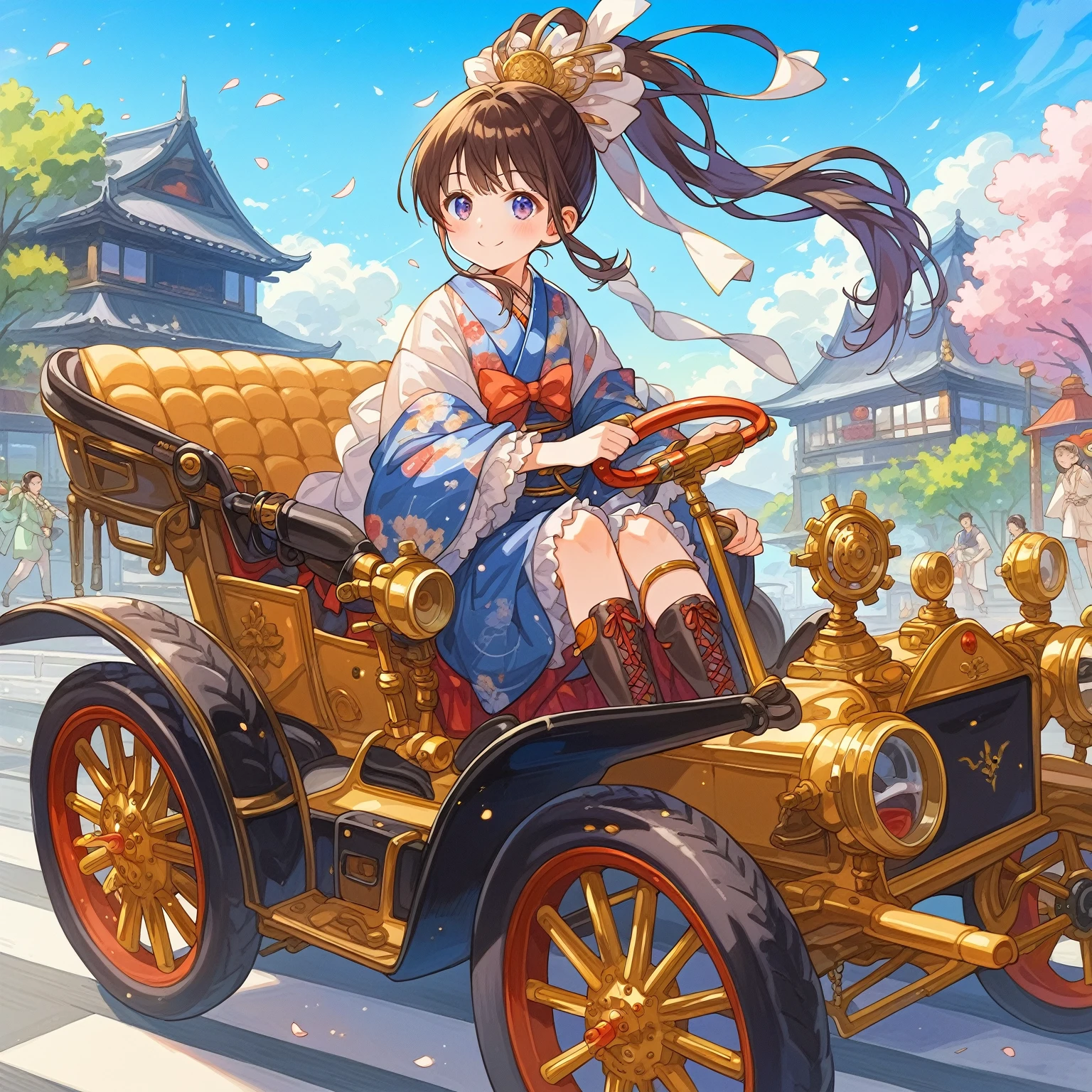 score_9, score_8_up, score_7_up, source_anime,masterpiece, best quality, high resolution, extremely detailed CG, absurdres, highres, In the Taisho era of Japan, a wealthy Japanese girl with a ponytail and a bow wore a Japanese dress and short boots from the Taisho era, and drove a golden high-end antique car on the road of Tokyo in the 1920s, in spring, with a blue sky, driving, ((holding steering wheel)), smile