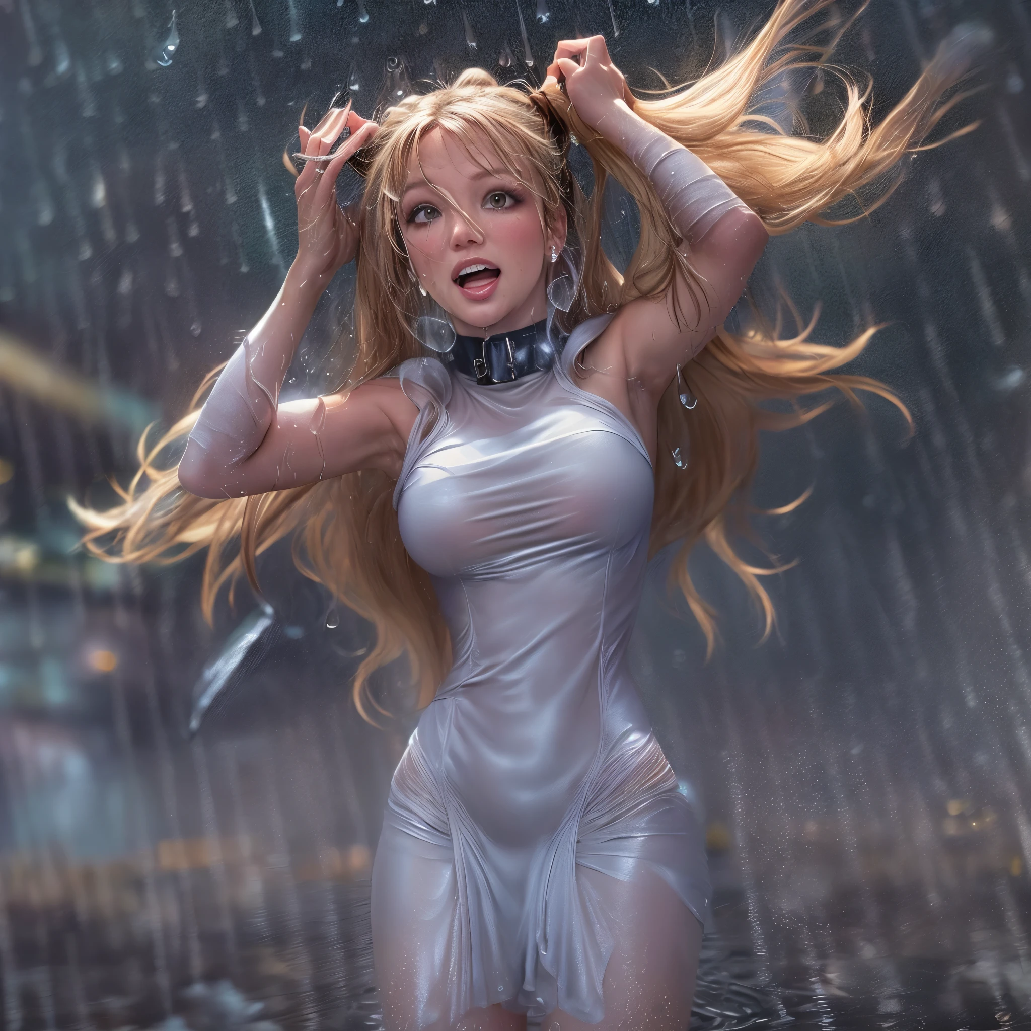 masterpiece of ExtremelyDetailed (ProfessionalPhoto of Stunning women:1.4) Looking at Sky, (((Downpour))), BraidHair with bun, (Joyful Expressions LifeLike Rendering), ((Extremely detailed beautiful face and eyes)) BlushAhegao SmoothArmpit LiquidSoap WhiteBubbles (((WetHair)))  BREAK  PUNIPUNI ((Britney Spears))britneyspears-smf, Beltbra, MysticSight, (Torrential Rain:1.4) (SparklingDrops:1.28) (Overflowing HUGE Underboob Overflowing WaterDrops Overflowing water)(((WetHair WetFace WetSkin:1.37))), (SFW), HiddenHands, MotionBlur (BokeH:1.4), (no extra limbs), (no extra eyebrow), DynamicAngle