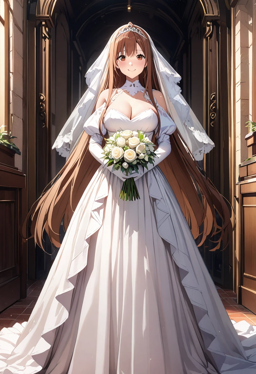 Highest quality、Super detailed、High resolution illustrations、Ultra-high-definition CG、８k size wallpaper、Production Art、Light novel illustrations、（１People Girls)、asuna yuuki, long hair, bangs, brown hair, brown eyes, very long hair, braid、dress, bare shoulders, detached sleeves, white dress, A smile full of happiness、Puff sleeves、Wedding Veil、tiara、Cleavage cutouts、Red brooch、Wedding dress、White Dress、White Gloves、Long skirt、White stiletto heels、Holding a bouquet in both hands、Full Body、hyperrealistic、spoken heart