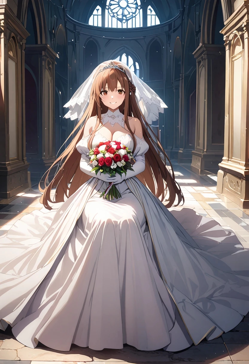 Highest quality、Super detailed、High resolution illustrations、Ultra-high-definition CG、８k size wallpaper、Production Art、Light novel illustrations、（１People Girls)、asuna yuuki, long hair, bangs, brown hair, brown eyes, very long hair, braid、dress, bare shoulders, detached sleeves, white dress, A smile full of happiness、Puff sleeves、Wedding Veil、tiara、Cleavage cutouts、Red brooch、Wedding dress、White Dress、White Gloves、Long skirt、White stiletto heels、Holding a bouquet in both hands、Full Body、hyperrealistic、spoken heart