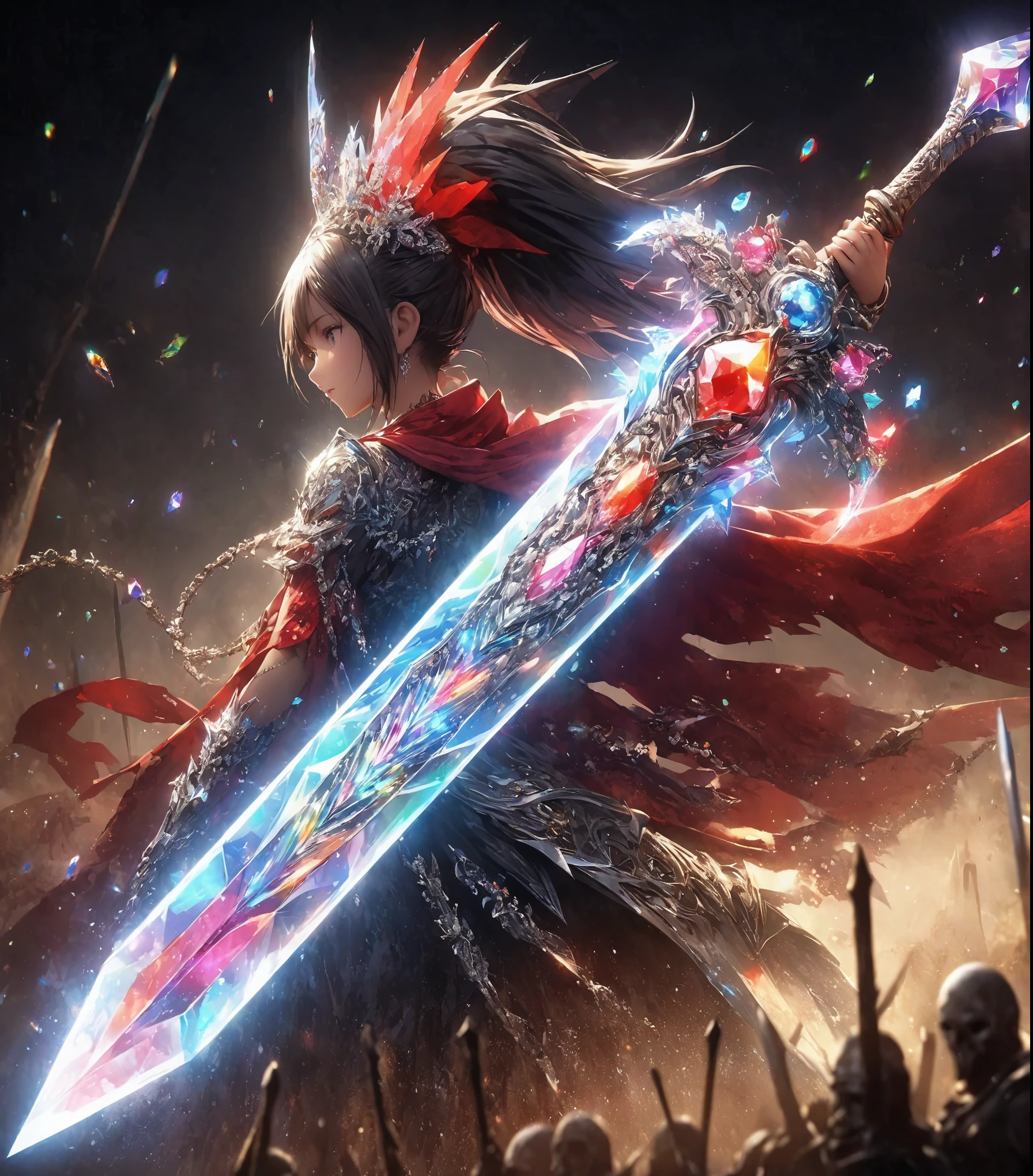 masterpiece, Highest quality, Highly detailed CG Unity 8k wallpaper, Princess、Covers the entire screen like never before、He has an incredibly large and thick sword.. この非常に精密でHigh resolutionの剣は、Decorated with colorful gemstones. The blade is crystal. Overall particle light. Dark Red Princess. This is a digital illustration. Sharp focus, Highly detailed illustration, masterpiece, High resolution, Octane Rendering Style.