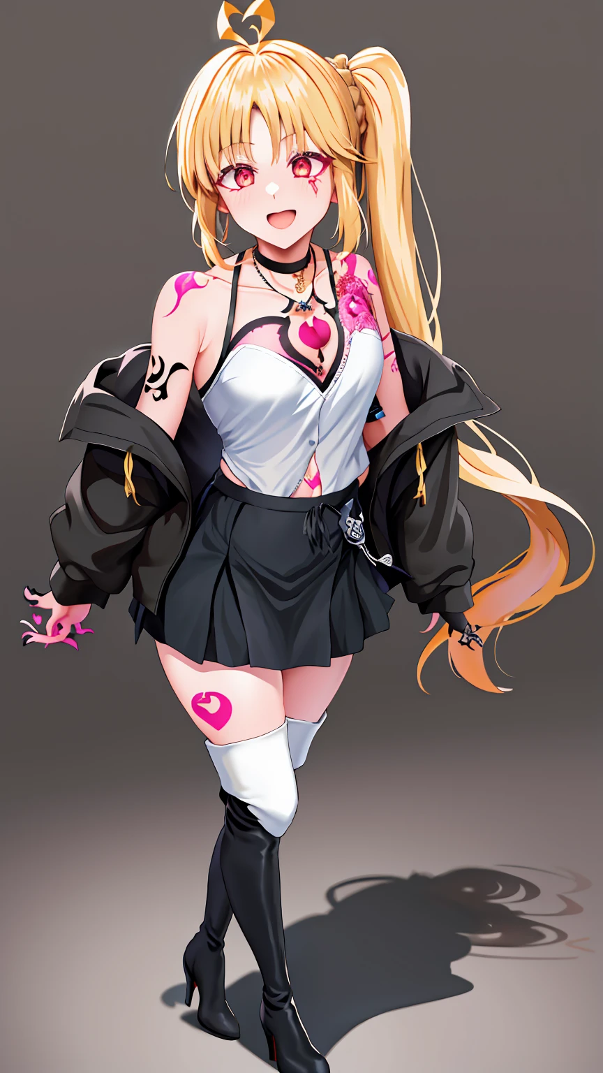 1girl,, 独奏,, Thigh boots, Thighs, Boots, Long hair, High heels, Necklace,, Black footwear, White background, Small off shoulder, Full body, Bangs looking at the viewer, Masterpiece, Best Quality, High Definition, in1, Side Ponytail, Long Hair, Ahoge, Top Teeth,Low Angle, Mini Skirt Shirt Absolute realm Scary face Eyes without highlights Psychopath、Tattoos on the lower abdomen:1.5), (Heart tattoos:1.5), 