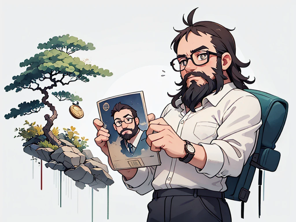 white background, scenery, watercolor, ink, flat, 43-year-old man with a beard and short hair wearing prescription glasses, a Bitcoin coin, a passport, a watch, tranquil night,