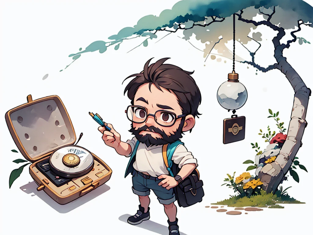 white background, scenery, watercolor, ink, flat, 43-year-old man with a beard and short hair wearing prescription glasses, a Bitcoin coin, a passport, a watch, tranquil night,