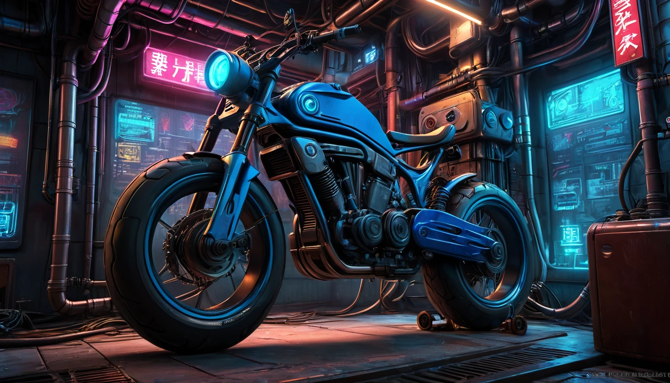 a bicycle，Super power plant，Various pipes，Wires connected to the bicycle，Cyberpunk style，Blue technology atmosphere，（masterpiece），（best quality），（Best details）