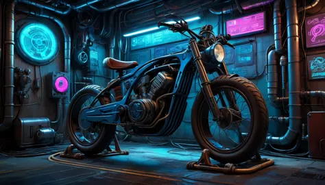 a bicycle，Super power plant，Various pipes，Wires connected to the bicycle，Cyberpunk style，Blue technology atmosphere，（masterpiece...