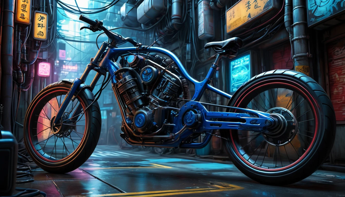 a bicycle，Super power plant，Various pipes，Wires connected to the bicycle，Cyberpunk style，Blue technology atmosphere，（masterpiece），（best quality），（Best details）