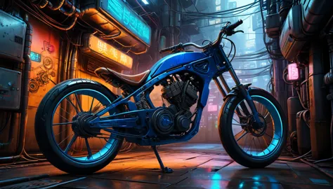 a bicycle，Super power plant，Various pipes，Wires connected to the bicycle，Cyberpunk style，Blue technology atmosphere，（masterpiece...