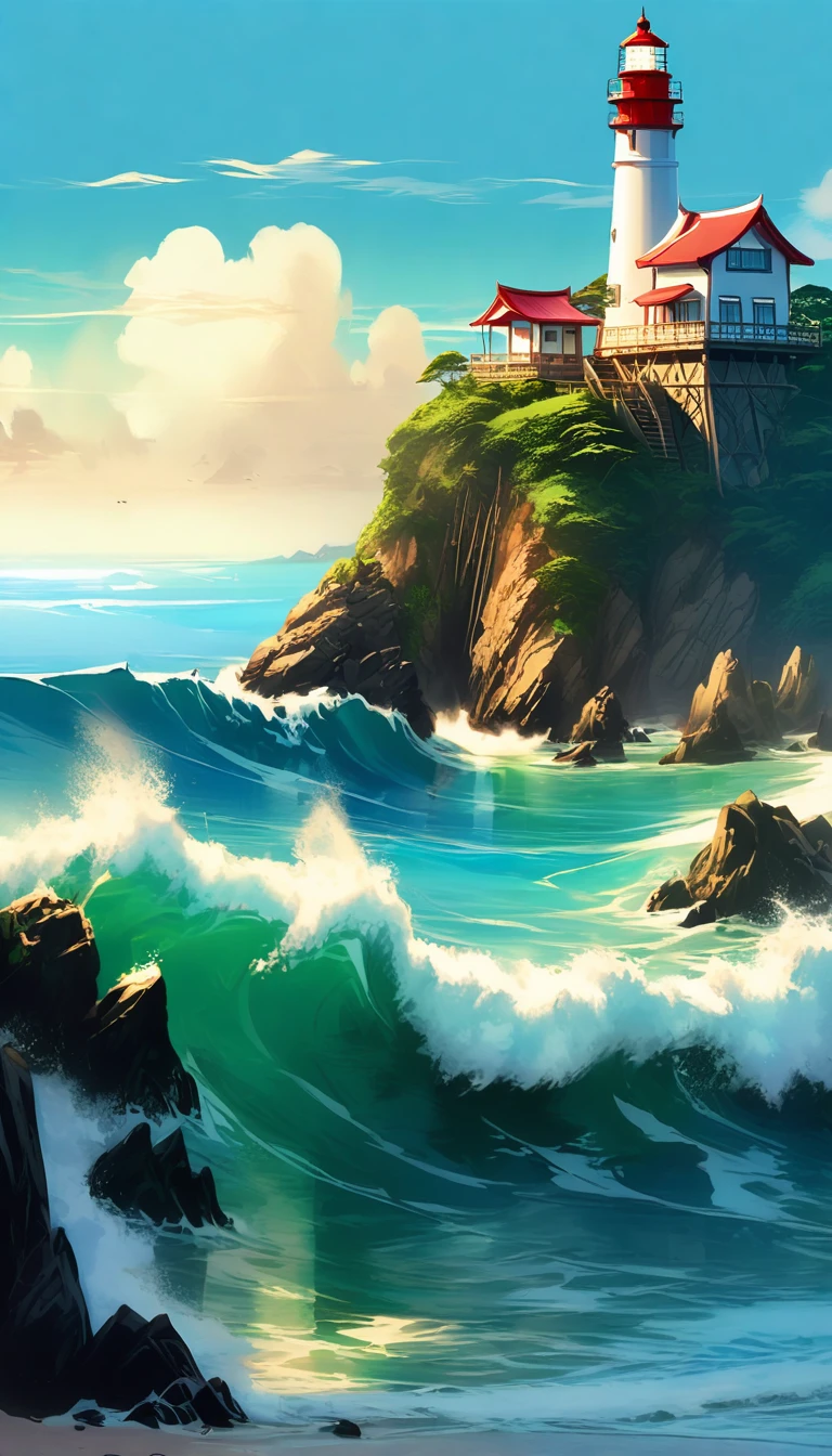 The ocean is right in front of you、Tropics、Ocean、ocean shore、cliff、Bungalow、Resort、turquoise blue、Emerald green、sunshine、water surface、rock、cloud、blue sky、buzzer、Paradise、beautiful、vivid、nature、trip、vacations、beautiful Anime Scenery, Landscape painting, Lighthouse, Beautiful digital painting, andreas rocha, Beautiful artwork illustration, Awesome Wallpapers, Raymond Han, tall beautiful painting, Studio Greebly New Ocean Makoto, Beautiful Wallpaper, Anime Scenery