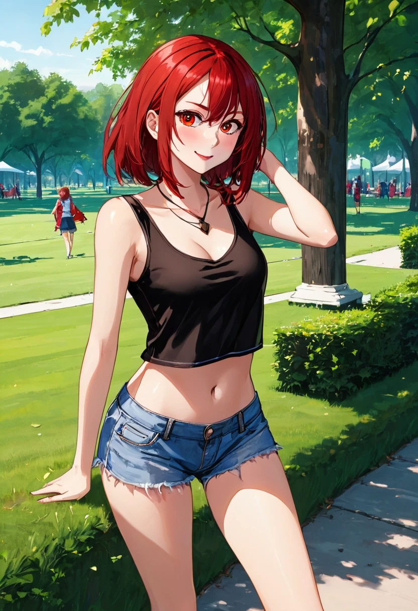 ((High Quality image 10k)) (( perfect autonomy)) Masterpiece, solo girl, brown eyes, red hair, wearing sleeveless black shirt, blue jean shorts, shorts are falling down, cute panties, sexy panties, evil smug grin, barefoot, Standing, in the park 