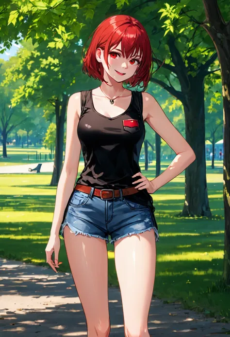 ((High Quality image 10k)) (( perfect autonomy)) Masterpiece, solo girl, brown eyes, red hair, wearing sleeveless black shirt, b...
