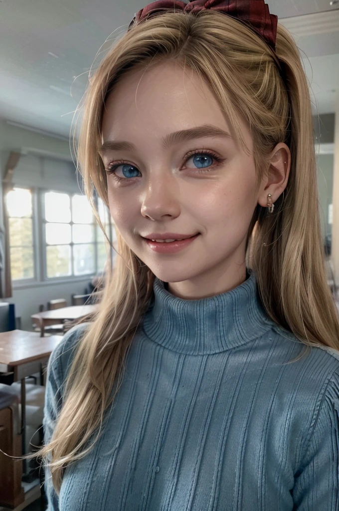 A girl, 20 years, with very long blonde hair, with two ponytails, blue eyes, round face, small nose, small mouth, thick lips, Small ears, dressed in a blue turtleneck sweater, with a plaid skirt, with red ribbons in her hair, in a house in the forest, with crystal rose earrings in her ears, with round glasses, smiley, evil, crazy smile, Ray Tracing, glowing light, god rays, cinematic lighting, depth of field, Close-up, Reflection light, 16k, 8k, highres, best quality, award winning, high details, high quality, super detail, textured skin, anatomically correct, masterpiece