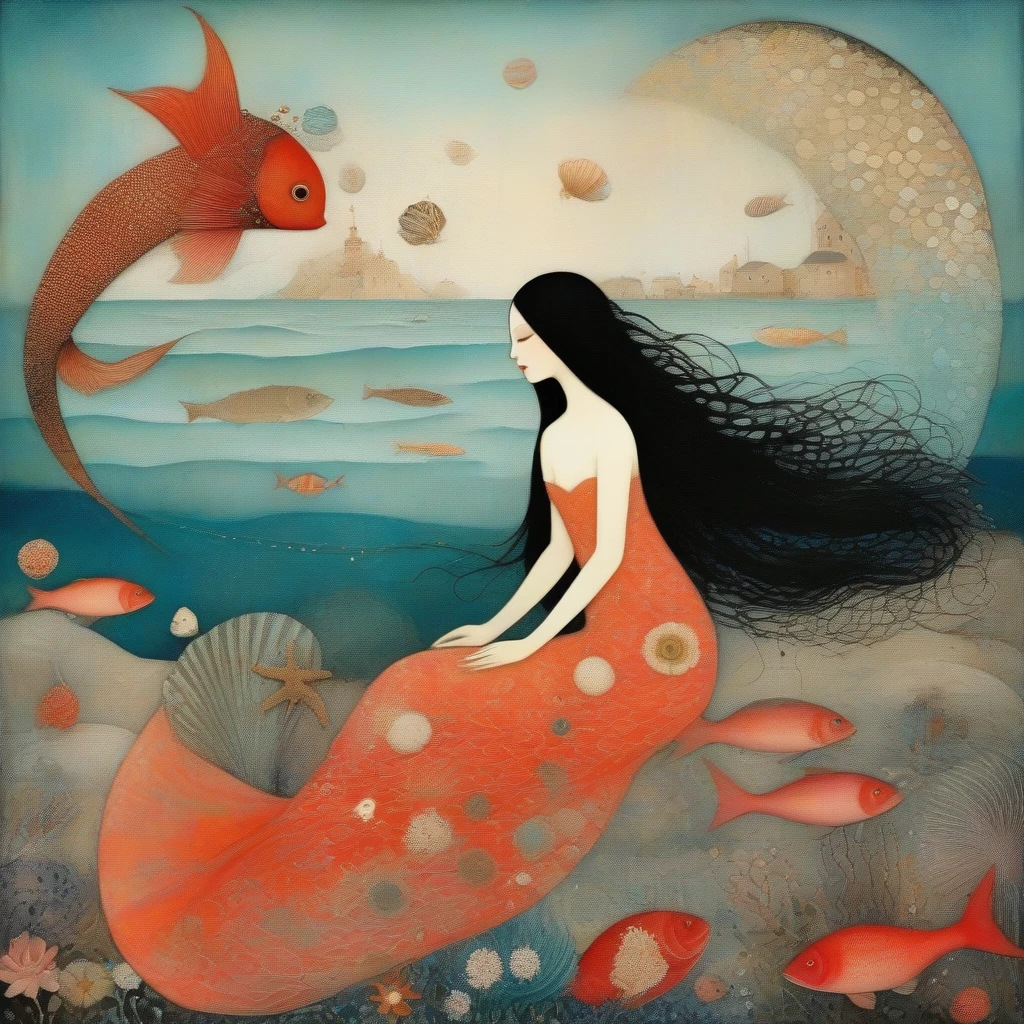 Art style by Klimt, Sam Toft, Florine Stettheimer, Dina Wakley, Catrin Welz-Stein, Gabriel Pacheco, Elisabeth Fredriks. mermaid, fishtail with silver scales, long black hair, lying by the sea. Around her a very large beach with pinwheels, coral-coral flowers
