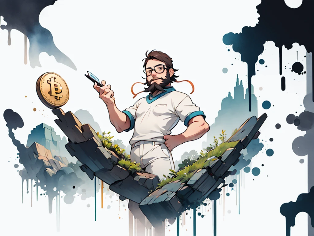 white background, scenery, watercolor, ink, flat, 43-year-old man with a beard and short hair wearing prescription glasses, a Bitcoin coin,