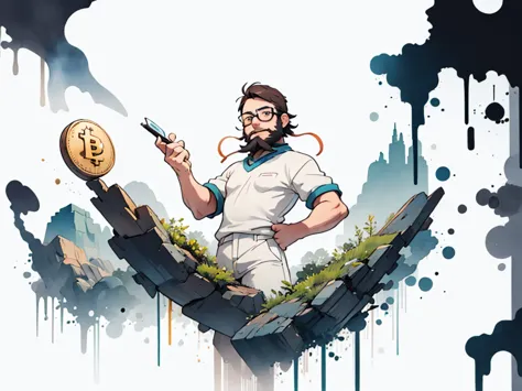white background, scenery, watercolor, ink, flat, 43-year-old man with a beard and short hair wearing prescription glasses, a Bi...