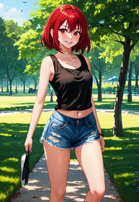 ((High Quality image 10k)) (( perfect autonomy)) Masterpiece, solo girl, brown eyes, red hair, wearing sleeveless black shirt, b...