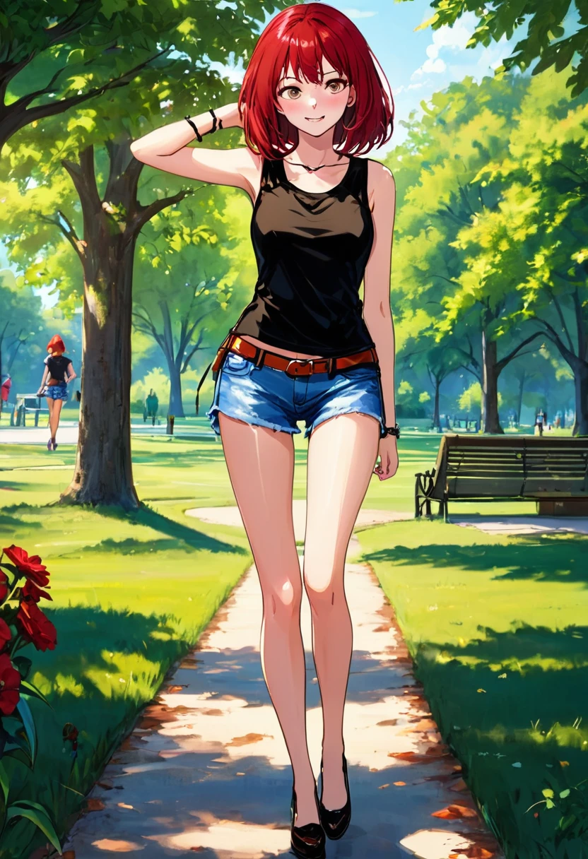 ((Image de haute qualité 10k)) (( autonomie parfaite)) chef-d&#39;œuvre, Fille célibataire, yeux marrons, cheveux roux, portant une chemise noire sans manches, short en jean bleu, les shorts tombent, Jolie culotte, culotte sexy, sourire suffisant et diabolique, pieds nus, debout, dans le parc 