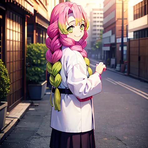 Kanroji Mitsuri is standing alone in the city, smiling and turning around