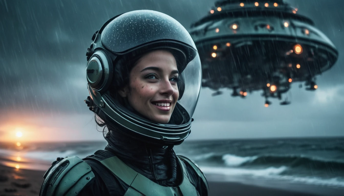 sci-fi aesthetics, a dark and moody realistic cinematic close-up shot of stunning Nicaraguan woman smile with a big smile cosmonaut wearing a spacesuit and glass dome helmet walking (with a futuristic oil refinery in the background:1.4) on ocean alien landscape where water covers the entire surface, teeming with marine life of all shapes and sizes, a heavy rain storm, aurora, detailed face, stunning beauty, detailed skin, skin texture, skin pores, (freckles:0.9), dim lit, foggy, muted colors, hazy, vintage, analog style, science fiction, star citizen cinematic lighting, film grain, imax