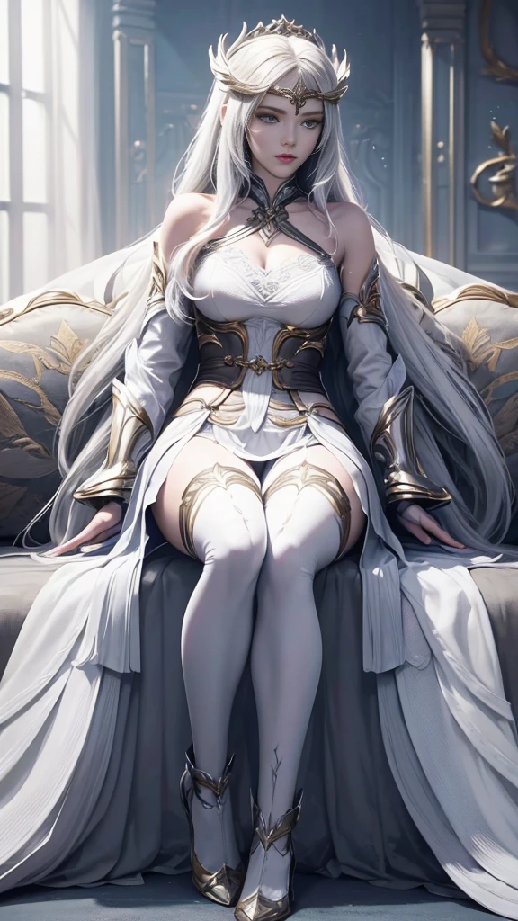 (Extremely detailed CG Unity 8K wallpaper, masterpiece, best quality), (Exquisite light and shadow, Very dramatic picture, Lens Effects), a girl in a white Hero costume, Silver gray hair color, from the Hero parallel universe, Wenger, Miracle, Hero, Sitting on the sofa, Dynamic poses), (Excellent details, Excellent lighting, Wide Angle), (Excellent rendering, Enough to stand out among similar products), focus on white Hero costumes, Complex texture