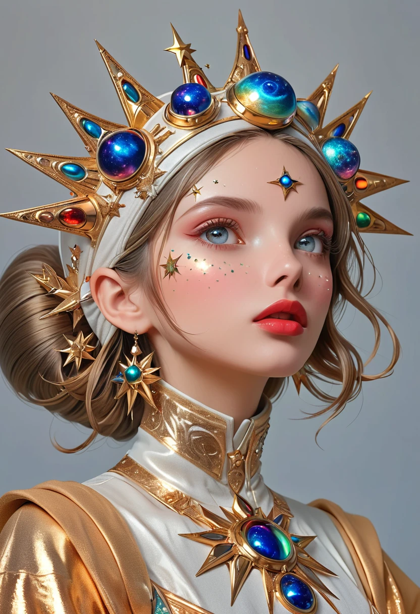 1girl, beautiful detailed eyes, beautiful detailed lips, extremely detailed face and skin, elaborate star headpiece, orbit, clean background, (best quality, 4k, 8k, highres, masterpiece:1.2), ultra-detailed, realistic, photorealistic, photo-realistic:1.37, 3D, professional, vivid colors, studio lighting