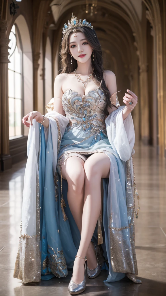  ((Knee Shot)), Arapefe, Looking at the camera， wear high heel shoes，Put on the crown，necklace，Smile，Shoot at random angles，By the window, In the castle, transparency，（extra large ，1.5），Showing cleavage，Turn around and look at the camera，masterpiece，Flawless，transparency，Ethereal，More details and decorations，Show your thighs，Sexy slender legs, 8K，（Wearing rings and other accessories，1.9），White skin，Gorgeous decoration，A girl，(Anatomically correct，high quality, High Detail, masterpiece）