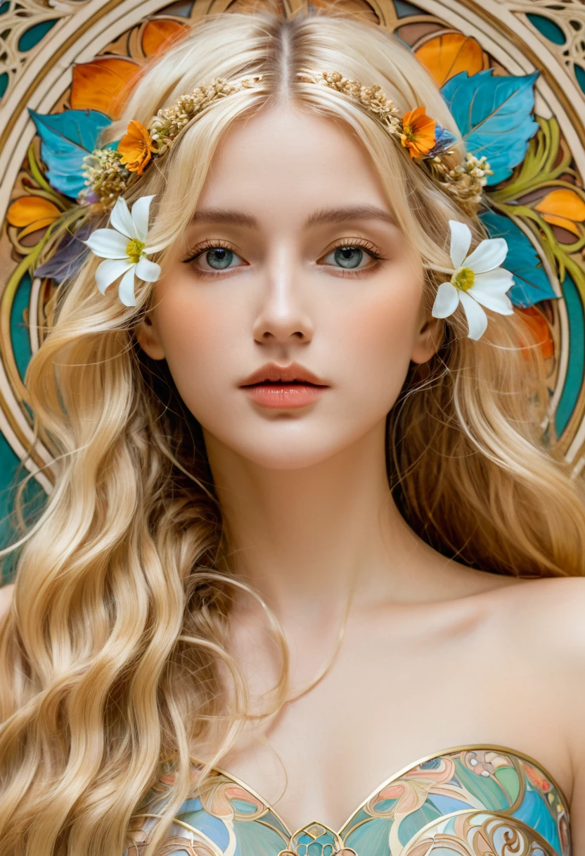 European woman face portrait, Long curly hair, Blonde, Flower frame, Decorative panels, Abstract Art, author：Alphonse Mucha (masterpiece, best quality, high resolution: 1.4), detailed, Intricate details, 4K, Splash of Color, Line Art, Fibonacci, underwear