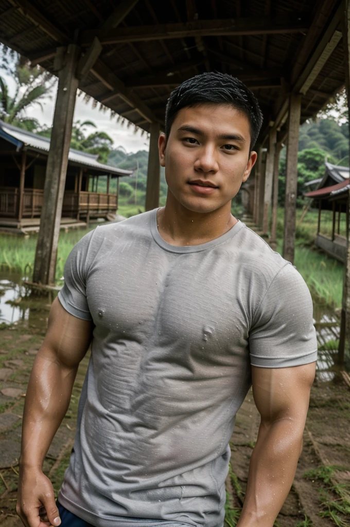 solo , 1 personne , Portrait of a handsome Asien rugby player, Cheveux courts, Pas de barbe, Musclé, Gros muscles, porter un t-shirt gris à col rond, mouillé, En plein air, rizière, campagne, cabane, Thaïlande, Laos, Birmanie, Asie.