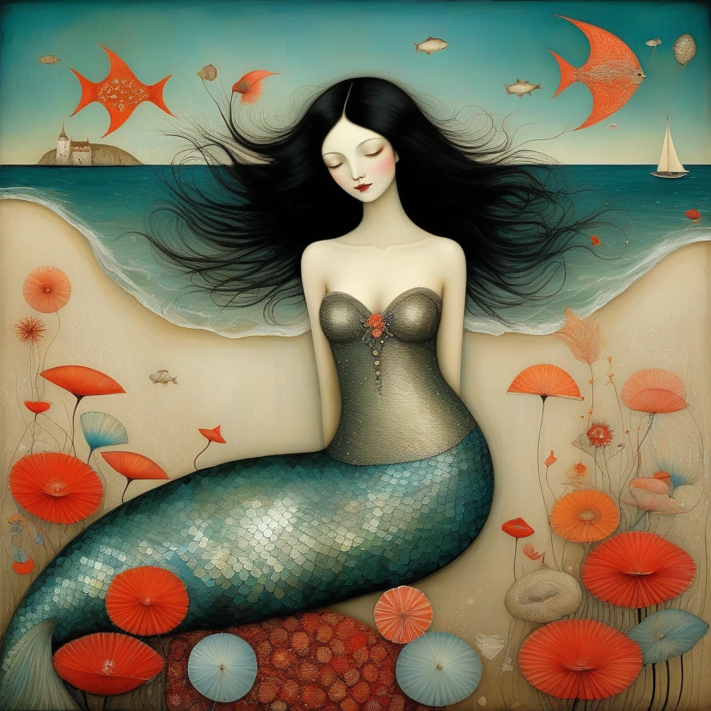 Art style by Klimt, Sam Toft, Florine Stettheimer, Dina Wakley, Catrin Welz-Stein, Gabriel Pacheco, Elisabeth Fredriks. mermaid, fishtail with silver scales, long black hair, lying by the sea. Around her a very large beach with pinwheels, coral-coral flowers
