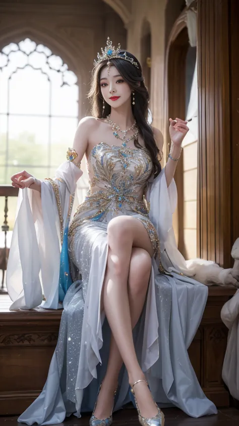  ((Knee Shot)), Arapefe, Looking at the camera， wear high heel shoes，Put on the crown，necklace，Smile，Shoot at random angles，By t...