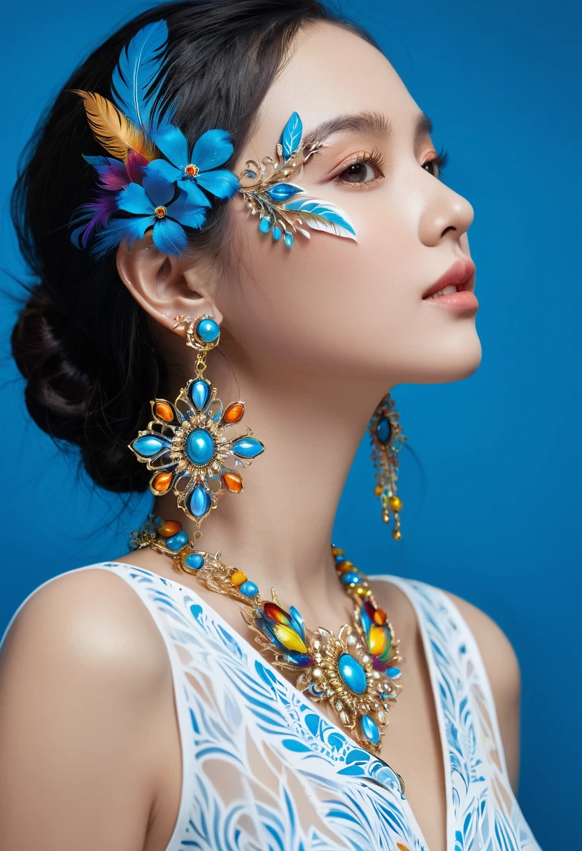 ((Fractal Art)),((masterpiece,best quality,Extremely detailed,Ultra-high resolution,Detailed background)),(((Blue Background))),(1 Girl),((rich and colorful)),Flowers,(Glowing skin),((Many colors)),(earrings),feather