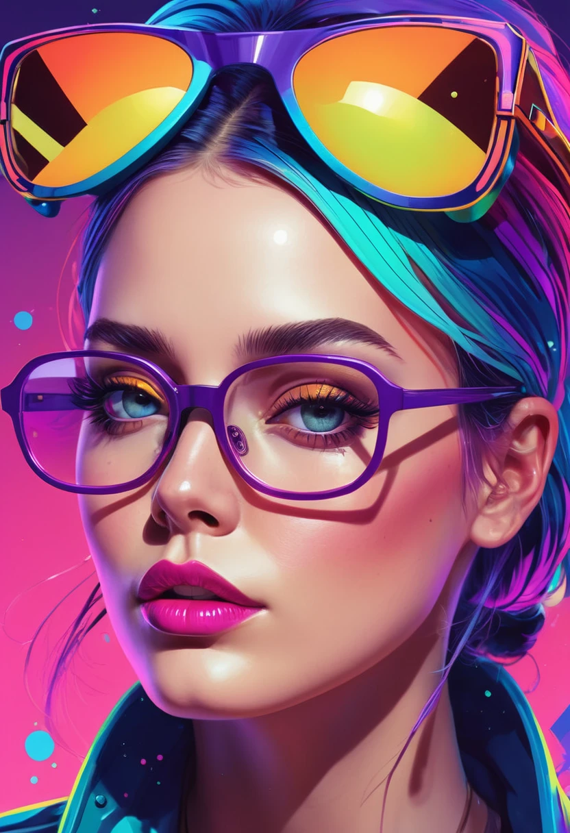 a close up of a woman with glasses on her face, jen bartel, colorful illustration, in style of digital illustration, colorfull illustration, editorial illustration colorful, trend on behance illustration, ultraviolet and neon colors, striking detailed artstyle, illustration style, cyberpunk art style, rossdraws cartoon vibrant, stunning art style, stunning digital illustration, unearthly art style