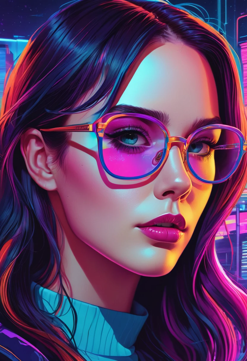 a close up of a woman with glasses on her face, jen bartel, colorful illustration, in style of digital illustration, colorfull illustration, editorial illustration colorful, trend on behance illustration, ultraviolet and neon colors, striking detailed artstyle, illustration style, cyberpunk art style, rossdraws cartoon vibrant, stunning art style, stunning digital illustration, unearthly art style